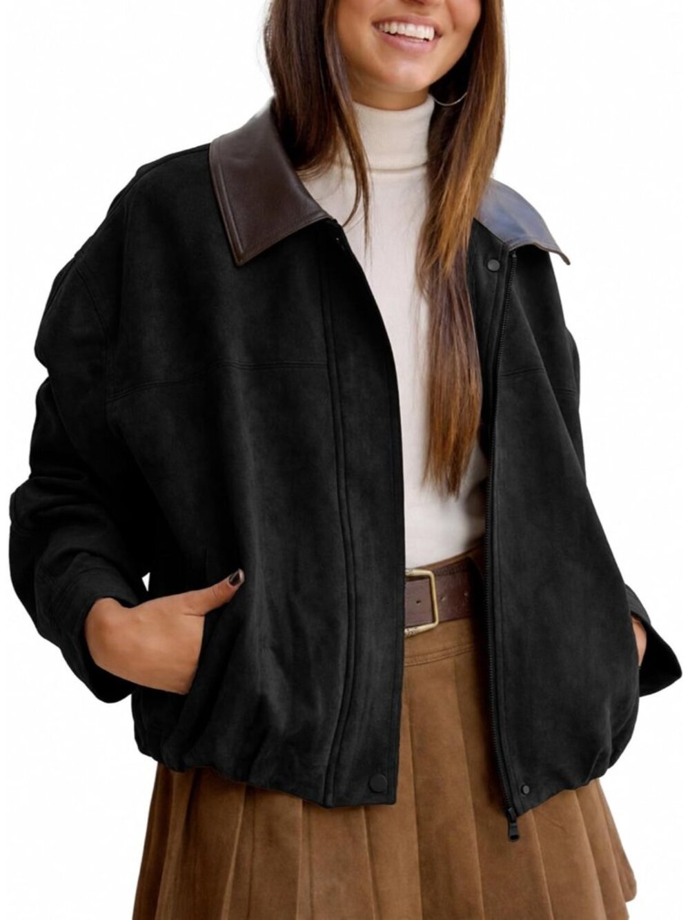 Womens Black Spandex Point Collar Long Sleeve Aviator Oversized Bomber Jacket